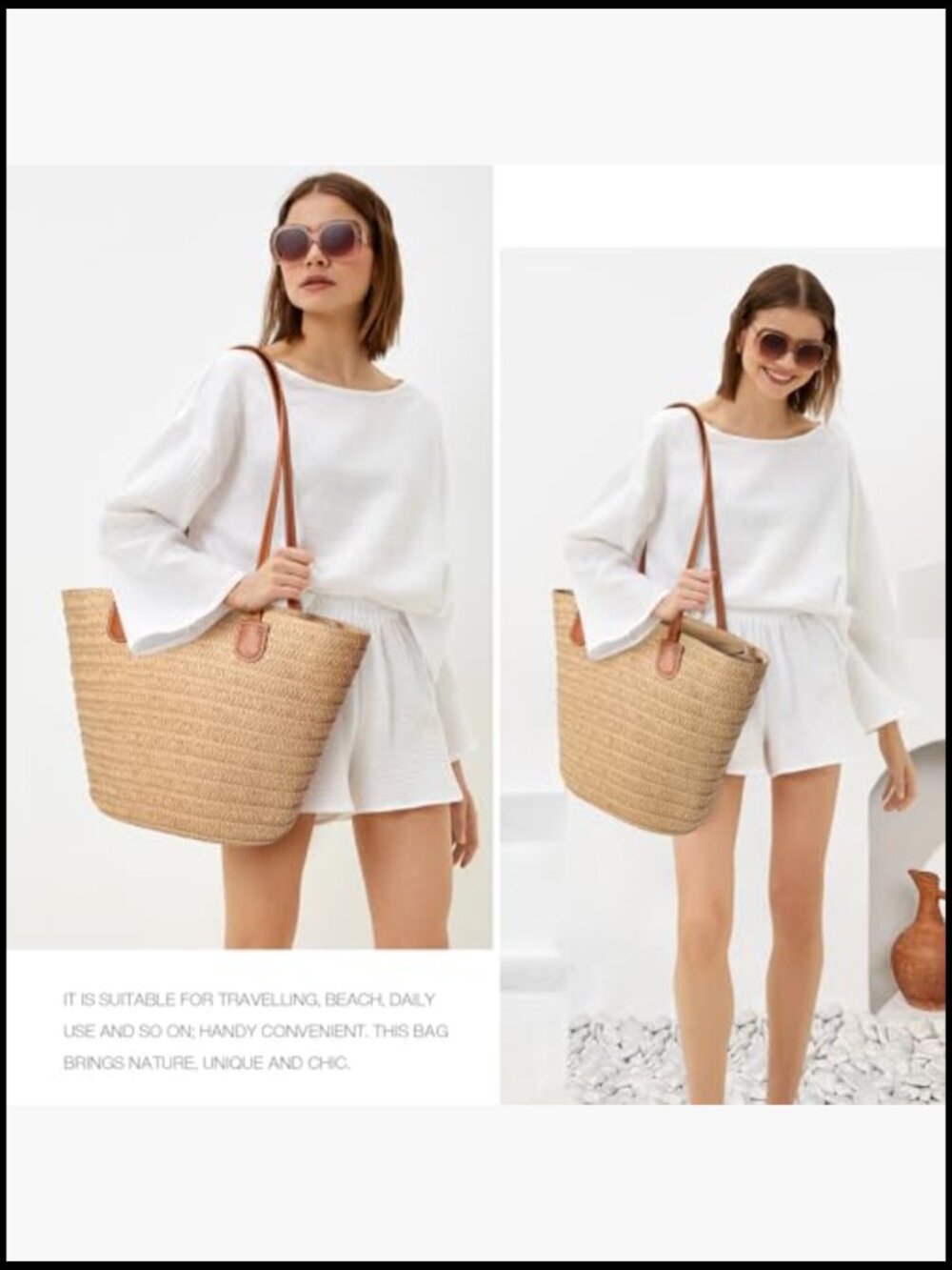 Straw Tote Bag Handwoven Beach Vacation Purse Summer Travel Essential - Picture 2 of 7